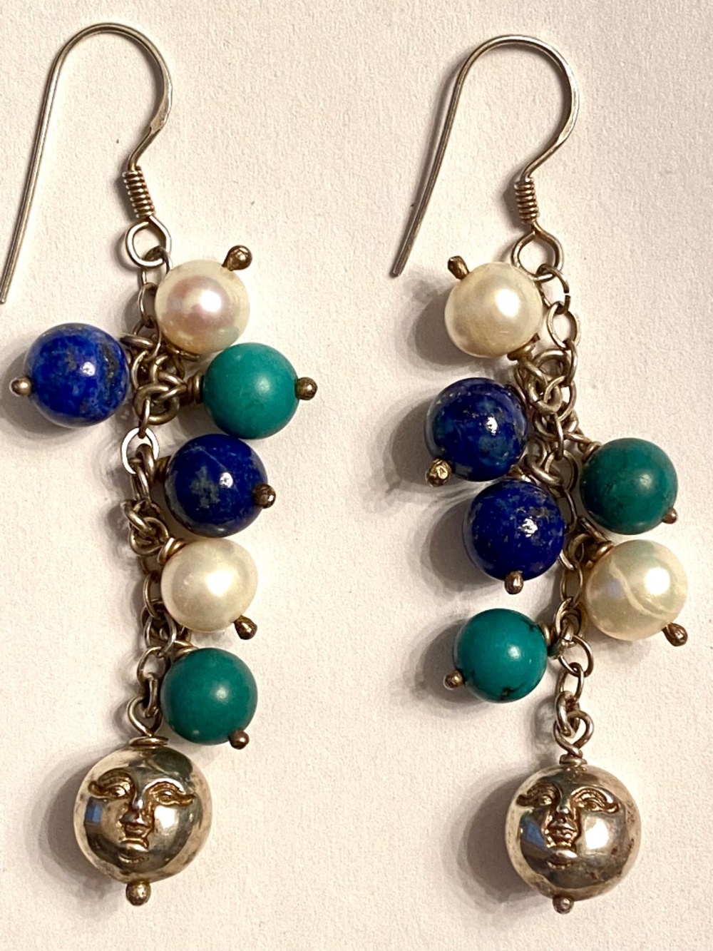 Sterling Silver Moon Face Dangle Earrings Lapis Turquoise Pearl 925